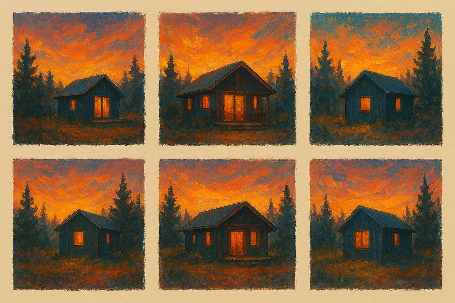 Colecție de ilustrații NFT inspirate din cabana Tiny Alpha, prezentate ca o galerie digitală artistică.
