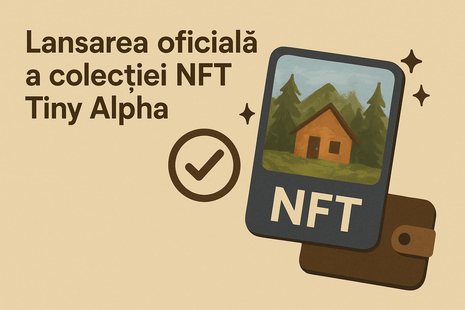 Ilustrație digitală care anunță lansarea colecției de NFT-uri Tiny Alpha, cu elemente vizuale moderne și simboluri blockchain.